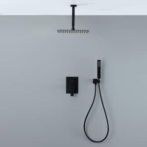 2-Spray Patterns with 1.8 GPM 12 in. Ceiling Mount Dual Shower Heads with Hand Shower in Matte Black