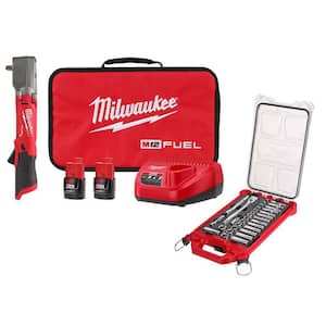 M12 FUEL 12V Lithium-Ion Cordless 3/8 in. Right Angle Impact Wrench Kit w/3/8 in. Drive Ratchet and Socket Mechanics Set