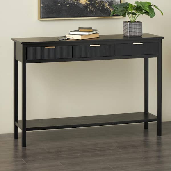 47 in. Black Extra Large Rectangle Wood Handmade 3 Drawers Console Table with Gold Handles