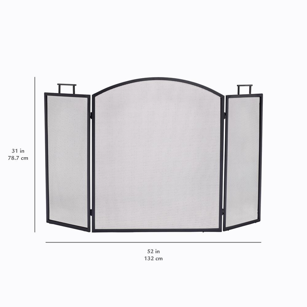 Classic Black Steel Three-Panel Fireplace Screen with Mesh