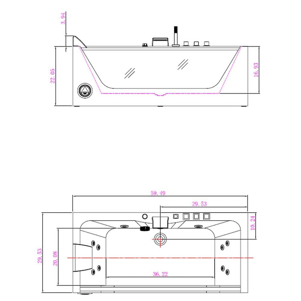 59-Inch White Acrylic Rectangular Whirlpool Bathtub with Jets and Blue Glass Panel