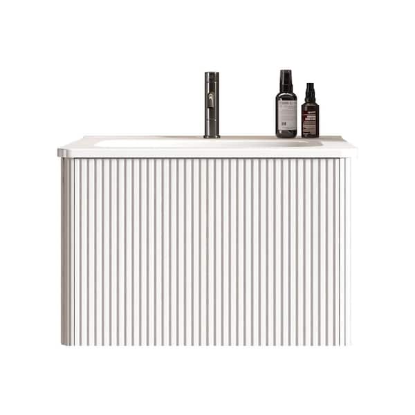 Adrinfly 24 in. W Wall Mounted Floating Modern Bath Vanity in White W/ Top White Ceramic Sink, Curved Edges and Push Open Drawer