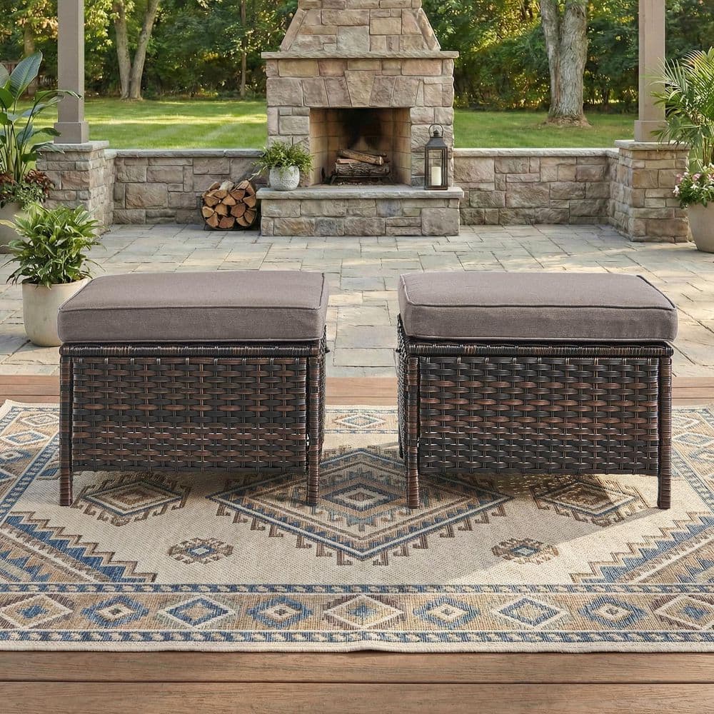 WellCane 2-Piece Brown Wicker Outdoor Ottoman Patio Footstool Multipurpose Outdoor Furniture Bench with Gray Cushion