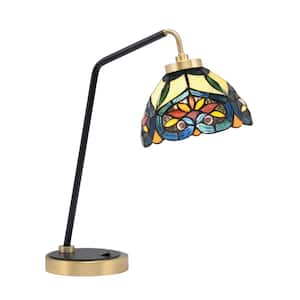 Delgado 16.5 in. Matte Black and New Age Brass Desk Lamp with Pavo Art Glass