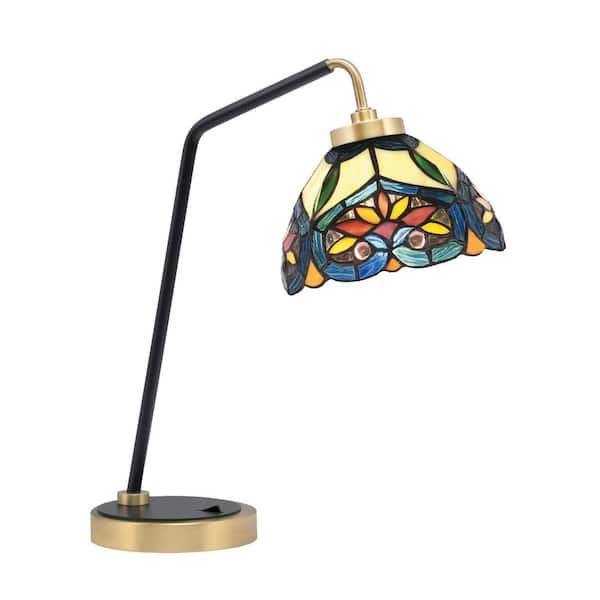 Toltec Lighting Delgado 16.5 in. Matte Black and New Age Brass Desk Lamp with Pavo Art Glass