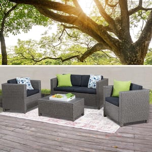 4-Piece Dark Gray Wicker Patio Outdoor Sofa Garden Coffee Table Set With Black Cushions