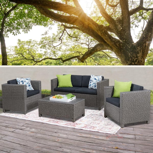 Tunearary 4-Piece Dark Gray Wicker Patio Outdoor Sofa Garden Coffee Table Set With Black Cushions