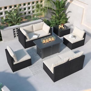 8-Piece Black Wicker Patio Conversation Set with 42 in. Outdoor Fire Pit Table, Coffee Table and Beige Cushions
