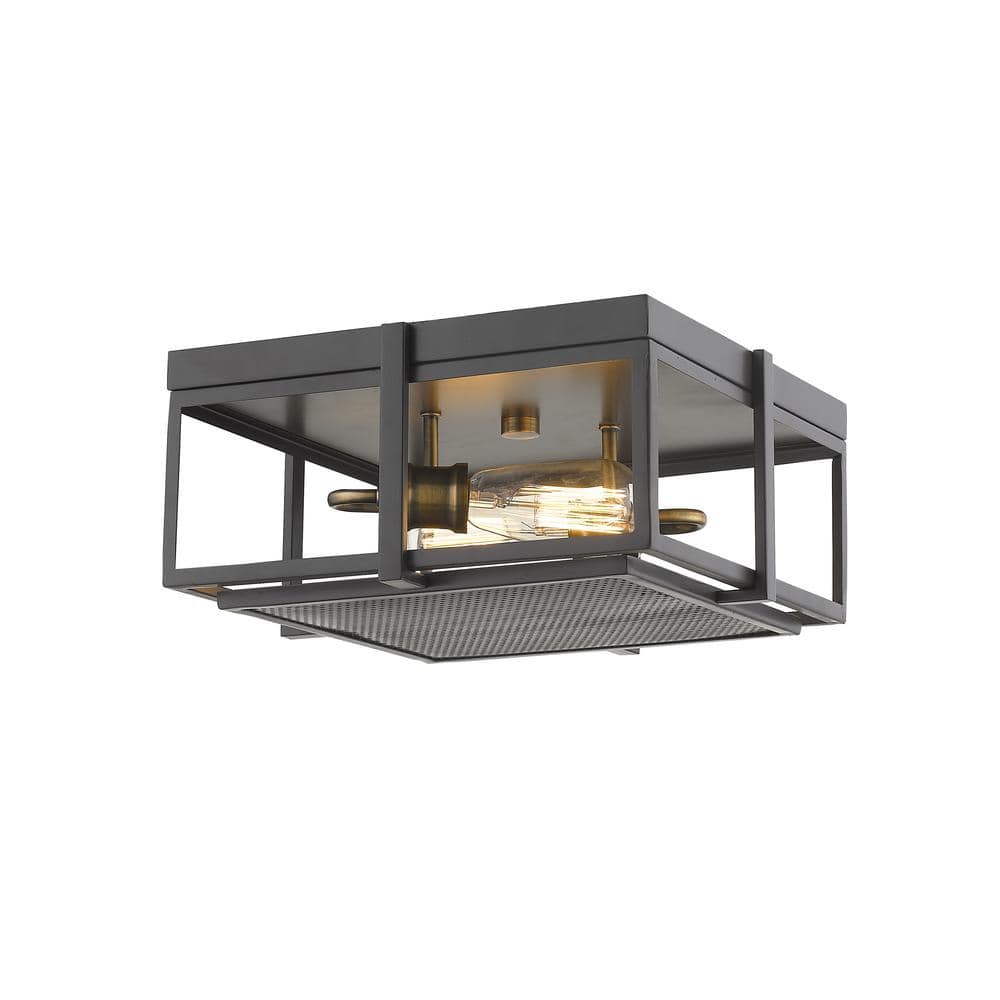 Halcyon 13.75 in. 2-Light Bronze and Heritage Brass Flush Mount Light with 