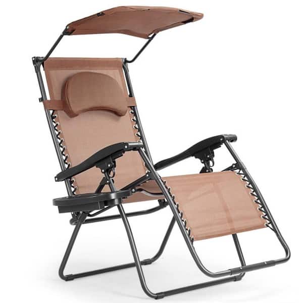 Metal Outdoor Folding Recliner Chaise Lounge Chair in Brown with Shade Canopy Cup Holder