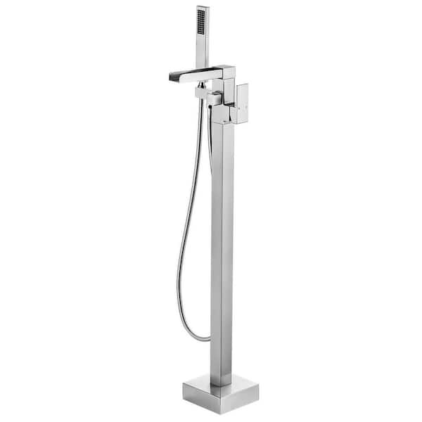 VEVETTA Waterfall Single-Handle Floor Mount Freestanding Tub Faucet, Tub Filler with Rectangle Hand Shower in Brushed Nickel