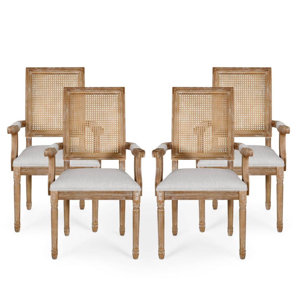 Light Gray Upholstered Wood and Cane Arm Chair Set