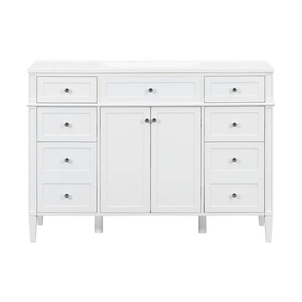 48 in. Freestanding White Bath Vanity with White Resin Top 6 Drawers and 2 Doors