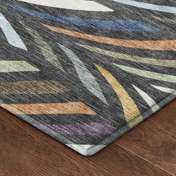 Mayfield Premium Machine Washable Abstract AMF2475 Charcoal 8 ft. x 8 ft. Round Rug