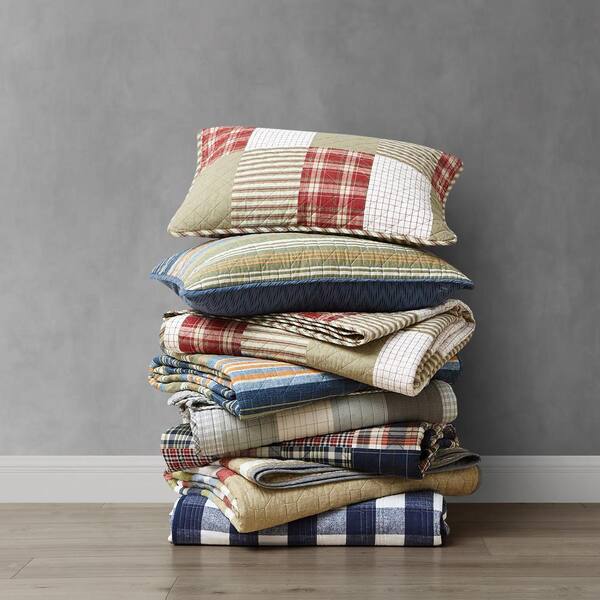 Navy Blue Plaid Cotton Twin Quilt Set 