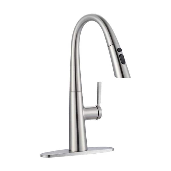 ALEASHA 3 Spray Patterns Single Handle Pull Down Sprayer Kitchen Faucet in Brushed Nickel
