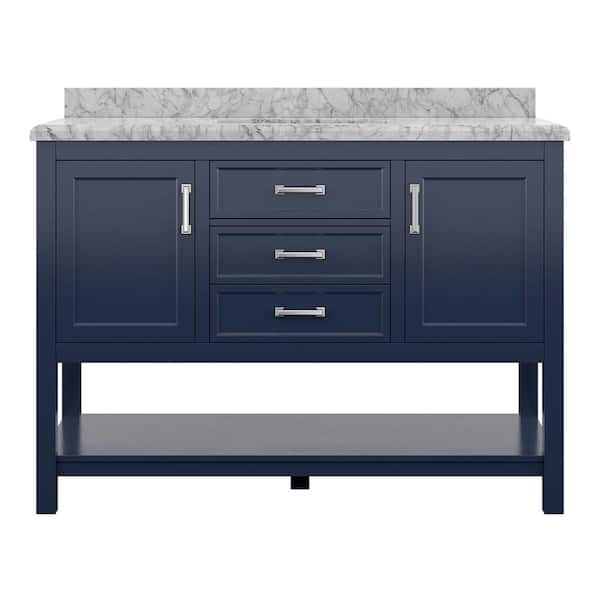 Everett 49 in. W x 22 in. D x 36 in. H Single Sink Freestanding Bath Vanity in Aegean Blue with Carrara Marble Top