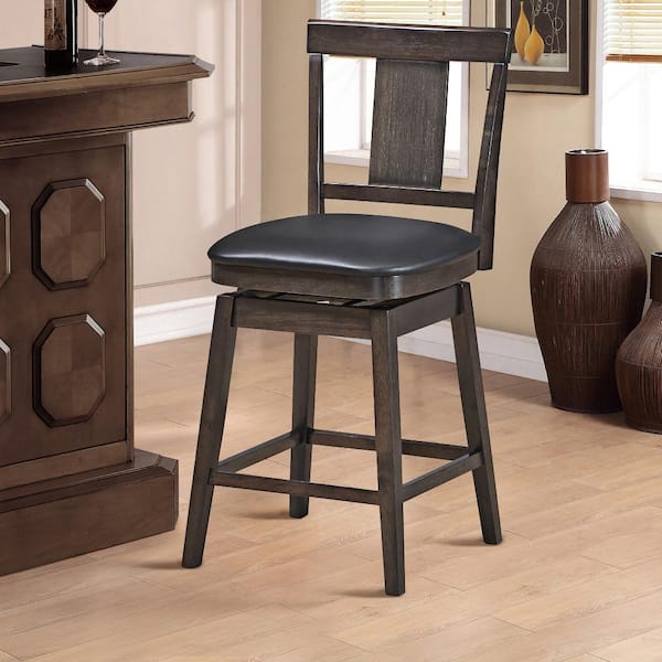 24 in. Brown Height Back Wood Frame Counter Height Swivel Bar Stool with Leather Seat