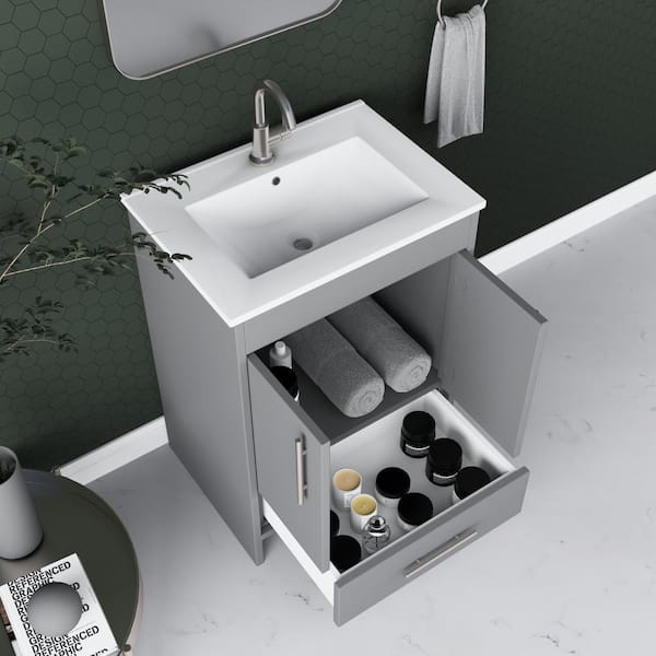 Pacific 24 in. x 18 in. D Bath Vanity in Gray with Ceramic Vanity Top in White with White Basin