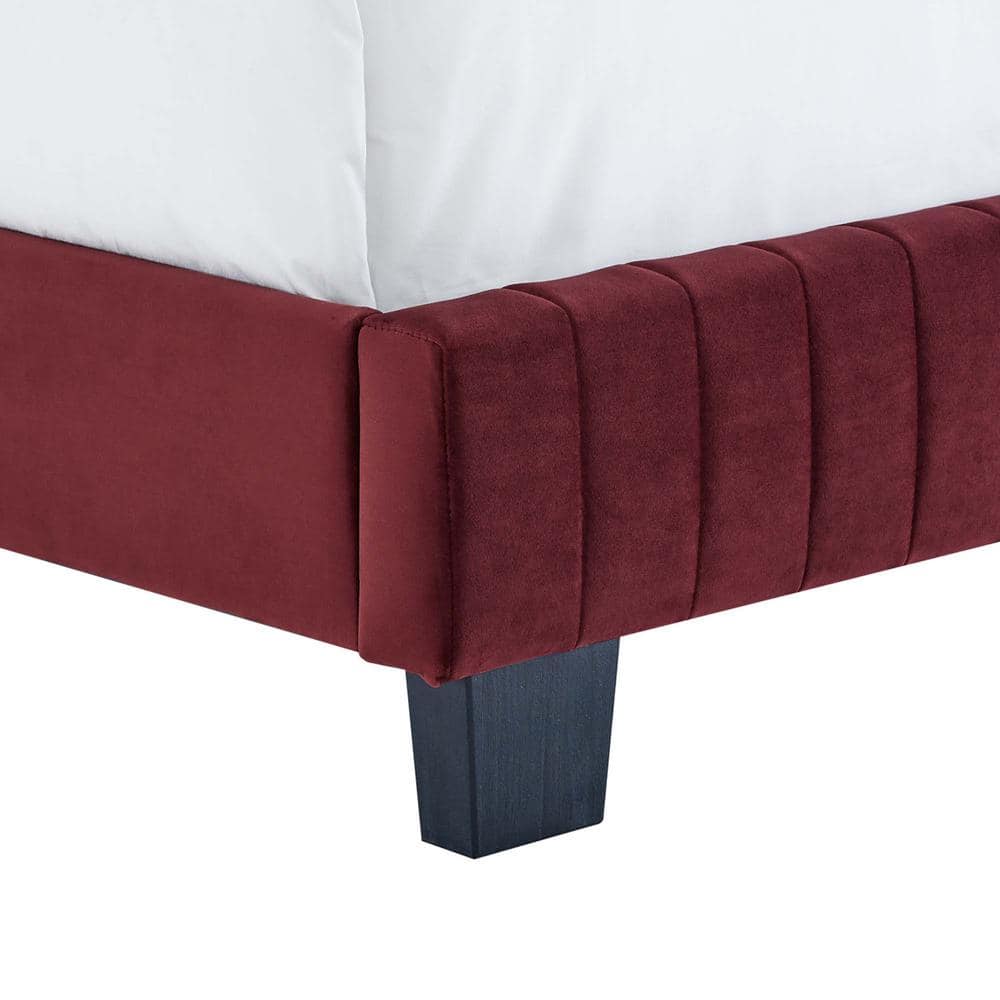 Glam Deco Maroon Velvet Tufted Twin Bed with Sturdy Frame