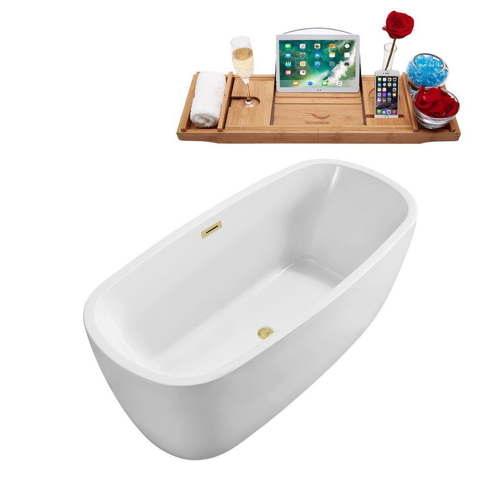 59" White Acrylic Freestanding Soaking Bathtub with Bamboo Tray