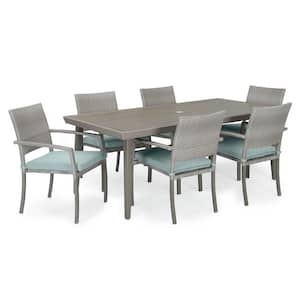 Portofino Casual Gray 7-Piece Aluminum Outdoor Dining Set with Sunbrella Spa Blue Cushions