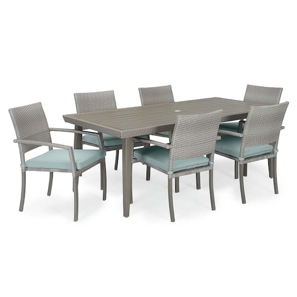 RST BRANDS Portofino Casual Gray 7-Piece Aluminum Outdoor Dining Set with Sunbrella Spa Blue Cushions