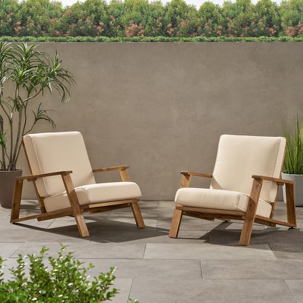 Noble House Paloma Teak Brown Removable Cushions Wood Outdoor Patio Lounge Chair with Beige Cushion (2-Pack)