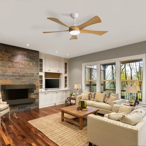 52 in. Modern Indoor White 6-Speed Brown Blades 3-Size Downrod Mount Ceiling Fan with 3-Color Dimmable LED Light