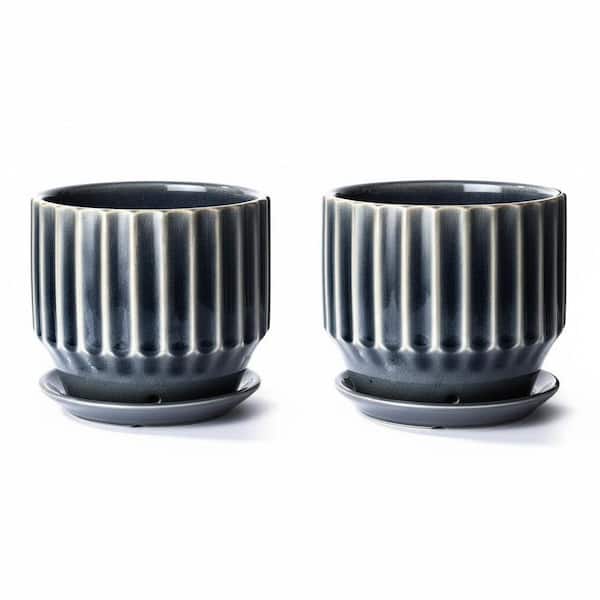 2-Piece 6 in. Grey Ceramic Plant Pots (Crackle Glaze, Drainage, Saucer + Nets)