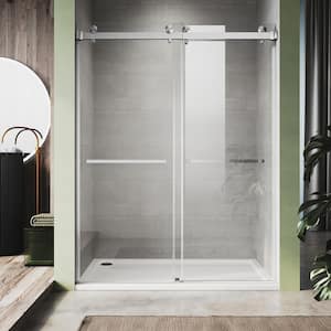 UKD01 56 to 60 in. W x 80 in. H Double Sliding Frameless Shower Door in Brushed Nickel, EnduroShield 3/8 in. Clear Glass