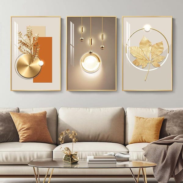 3 Piece Framed Modern Luxury Gold Wall Art Poster, Golden Prints