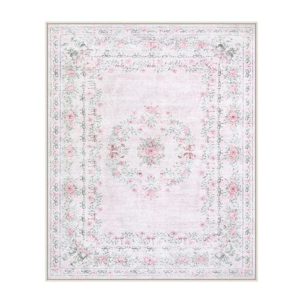 Boho Vintage Floral Plant Washable Pink Stain Resistant Non Slip Backing 8 ft. x 10 ft. Area Rug