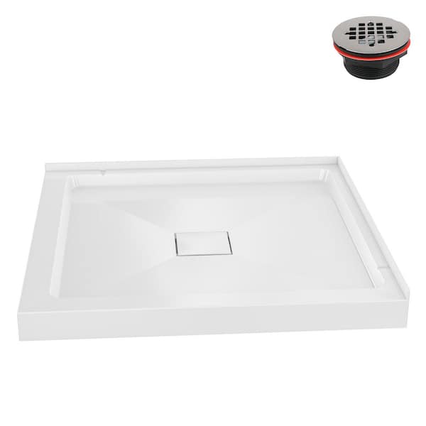 DT-2239-118 34 in. L x 34 in. W Corner PP Shower Pan Base in Glossy White With Center Drain, Drain Included