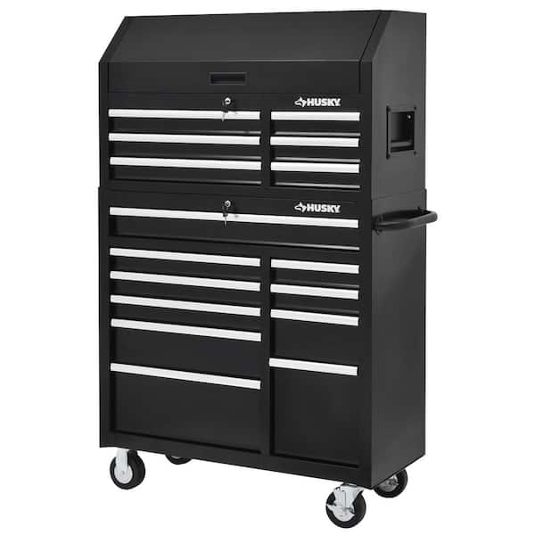 Husky 41 in. W x 18 in. D Standard Duty 16-Drawer Combination Rolling Tool Chest and Top Tool Cabinet Set in Gloss Black