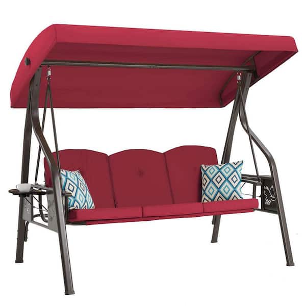 3-Person Black Metal Patio Swing with Wine Red Cushions, Stand and Canopy 2 in 1 Swing Bed for Yard