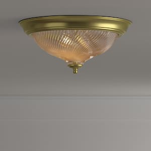 13 in. 2-Light Polished Brass Flush Mount with Frosted Swirl Glass Shade