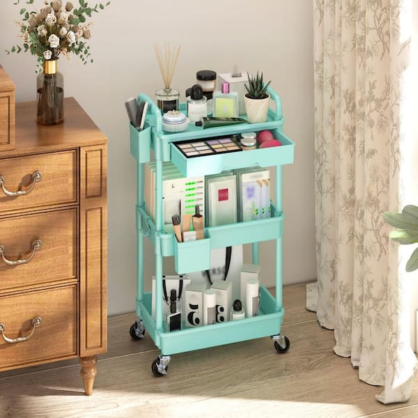 3-Tier Blue Pantry Organizer with Removable Drawer and 2 Lockable Wheels for Bathroom, Kitchen, Snack, Craft, Makeup