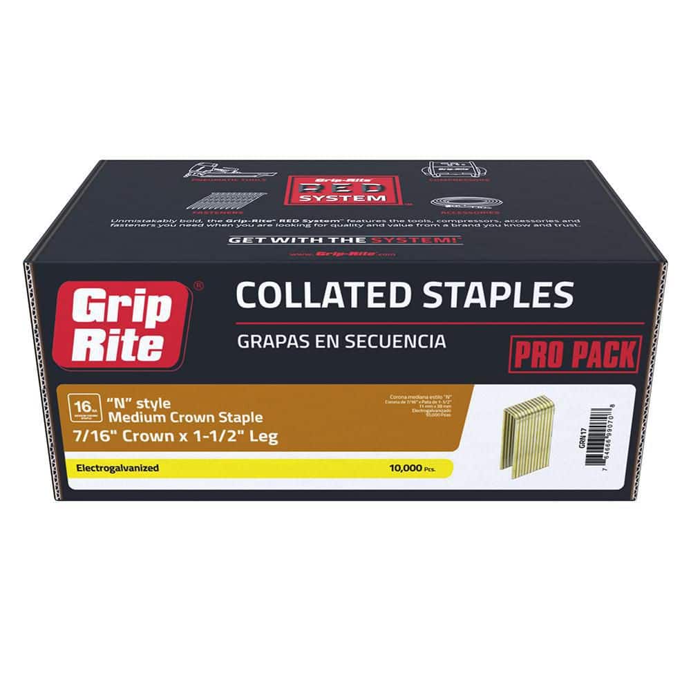 Grip-Rite 1-1/2 in. x 16-Gauge Electrogalvanized N Style Medium Crown  Staples (10,000- Per Box) GRN17 The Home Depot