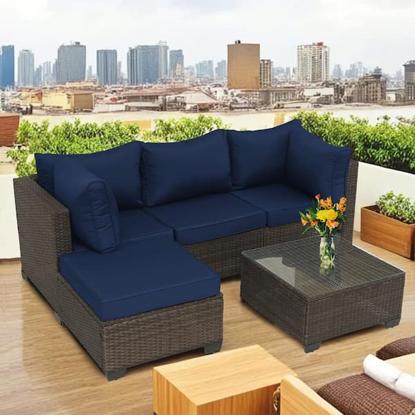 Zeus & Ruta 5-Piece Brown Wicker Outdoor Sectional Set with Navy Blue Cushions and Glass Coffee Table for Patio Backyard
