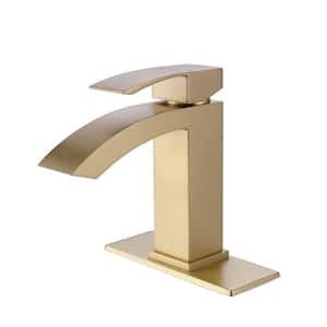Single Handle Single Hole Waterfall Bathroom Faucet with Deckplate Deck Mount Brass Bathroom Basin Taps in Brushed Gold