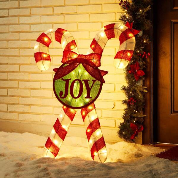 Glitzhome 35.5 in. H Lighted Christmas Candy Cane Outdoor Decor with 60 Warm White LED Lights 2039800005 The Home Depot