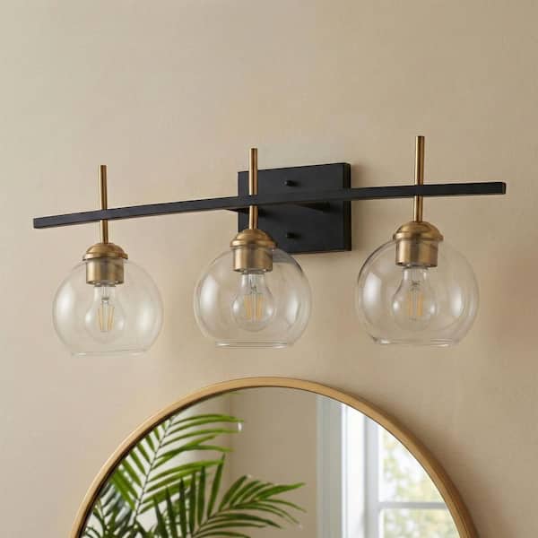 26.97 in. 3-Light Modern Black and Brass Vanity Light Wall Mount Lamp Over Mirror with Clear Globe Glass Shades