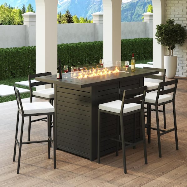 7-Piece Aluminum Rectangular Bar Height Outdoor Dining Set with 6 Barstools with Beige Cushions and Fire Pit Table