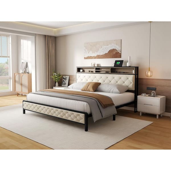 Beige Iron Frame King Size Upholstered Platform Bed with Charging Station, Storage Headboard & Footboard