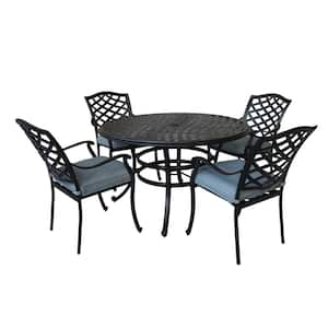 5-Piece Aluminum Round Outdoor Dining Set with 4-Arm Chairs, Light Blue Cushions