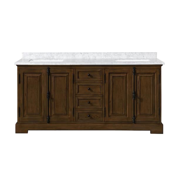 Clinton 72 in. Double Sink Freestanding Antique Coffee Bath Vanity with Carrara Marble Top (Assembled)