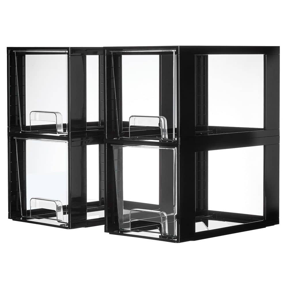 4 Pack Large Stackable Storage Drawers, Plastic Bins for Kitchen Cabinets, Pantry, Makeup, Medicine Organization, Black