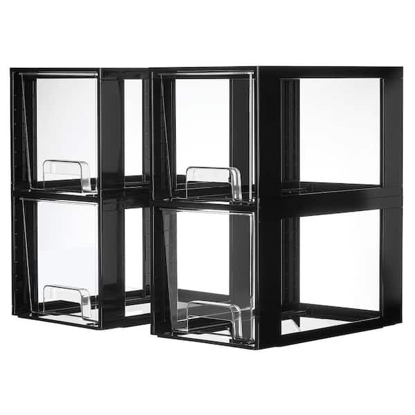 4 Pack Large Stackable Storage Drawers, Plastic Bins for Kitchen Cabinets, Pantry, Makeup, Medicine Organization, Black