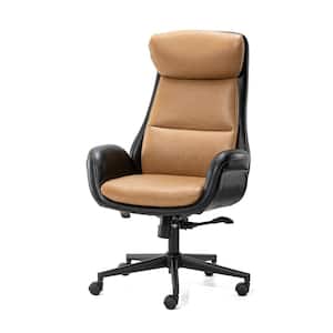 Mid-Century Modern Two-tone color Faux Leather Gaslift Adjustable Swivel High Back Office Chair in Black & Camel